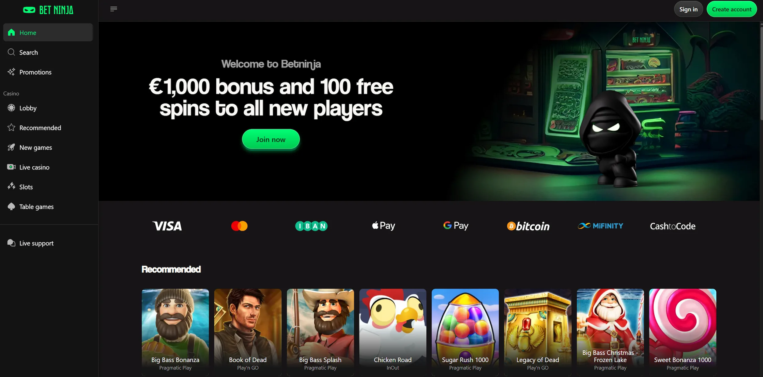 BetNinja casino page featuring welcome bonus offer, recommended pokies and site main navigation