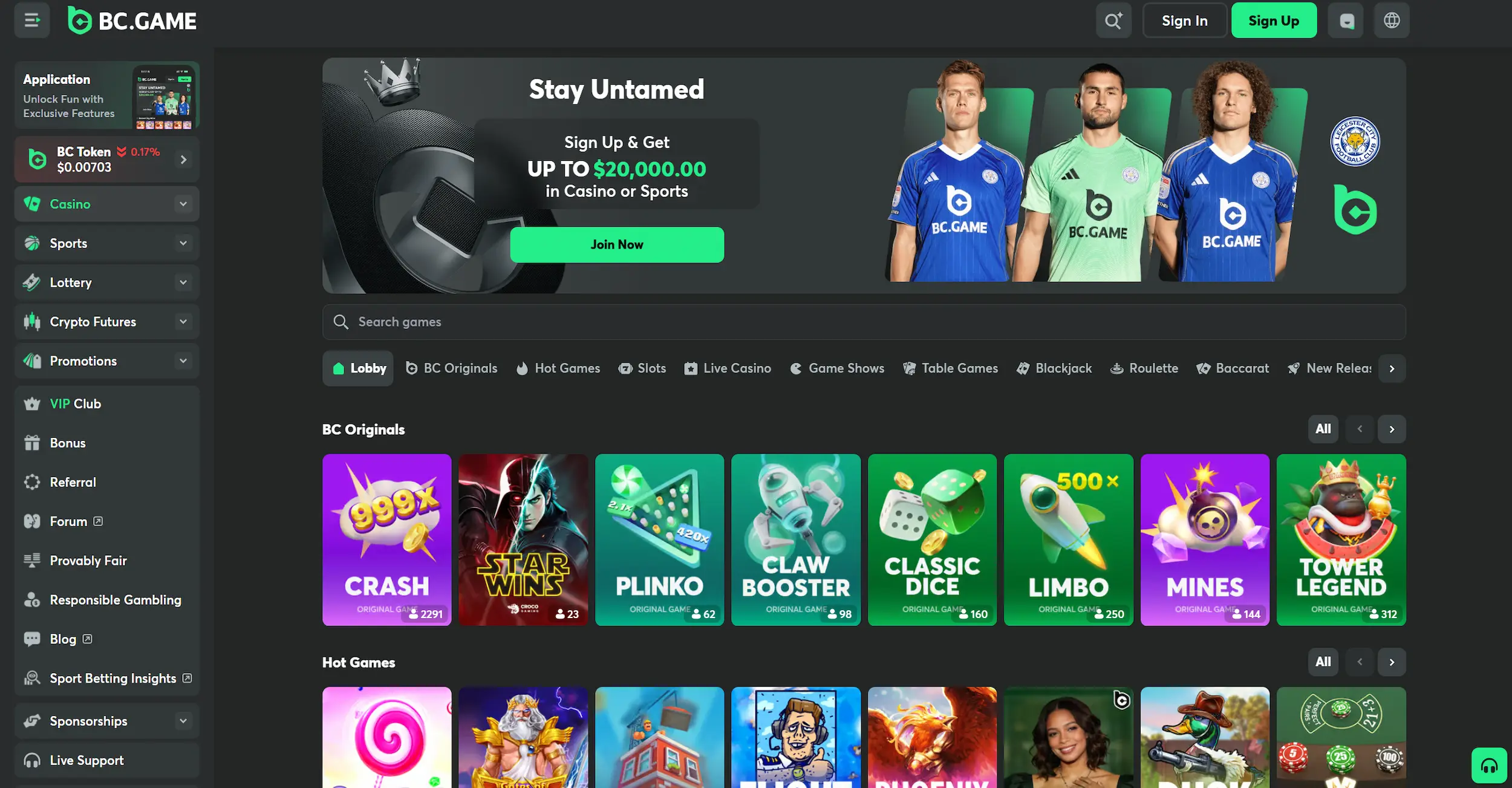 BC.Game casino page featuring sign up offer, selection of pokies and site navigation