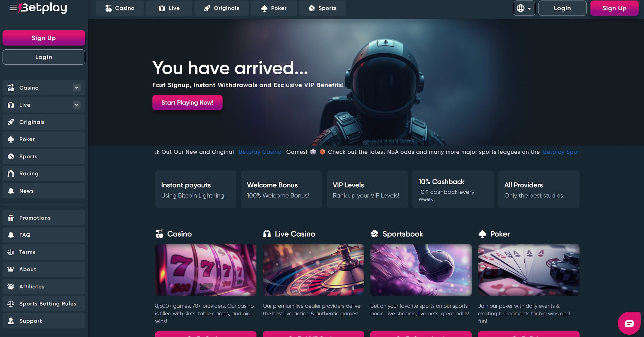 Betplay casino page showing site features and main navigation