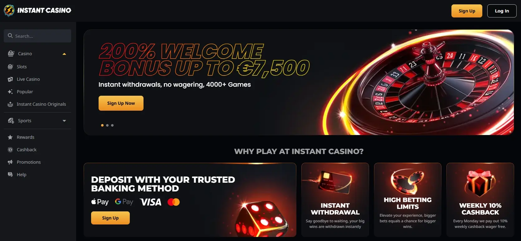 Instant Casino page fearuring welcome bonus offer and site main navigation