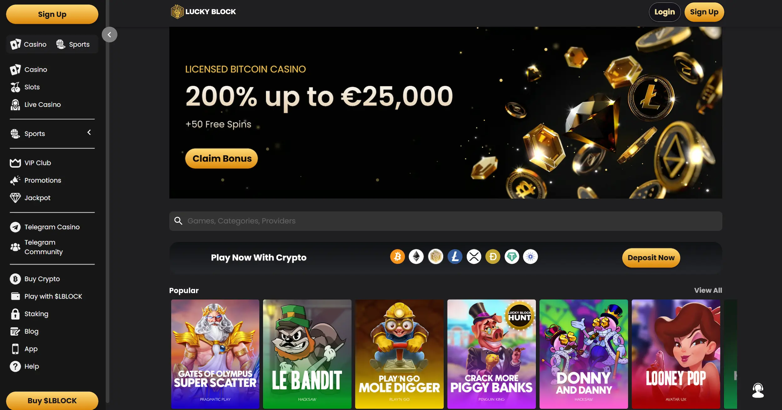 LuckyBlock casino page featuring bonus offer, popular online pokies and site main navigation