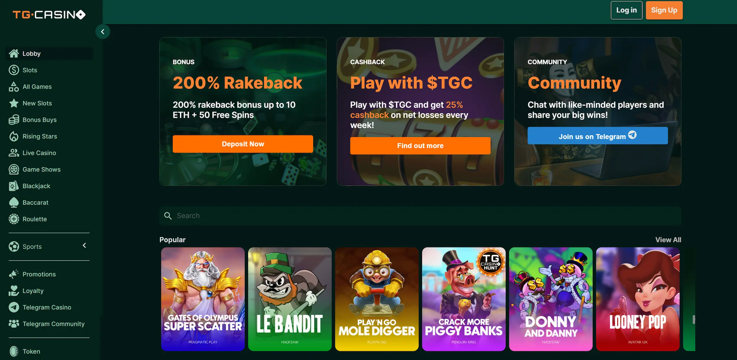 TG casino page featuring bonus offers, selection of popular online pokies and site main navigation
